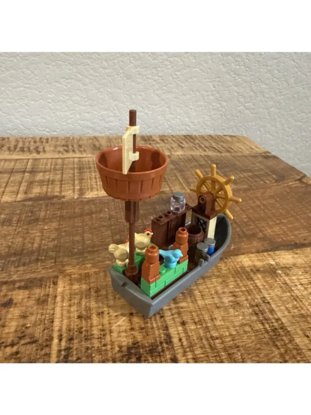 Lego Minifigure Row Boat Pirate Flag Chickens Jars Pot Wheel Blue Bird 4”